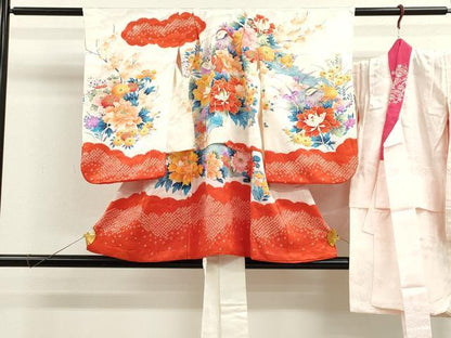 平和屋着物[]七五三　女の子　３歳　祝着　三つ身　長襦袢セット　駒刺繍　絞り　鴛鴦草花文　金銀彩　逸品　CAAZ7051ze