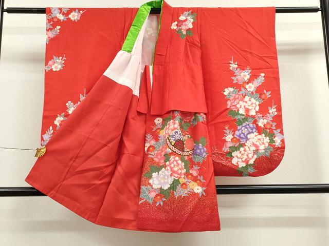 平和屋着物[]七五三　女の子　７歳　祝着　四つ身　袋帯セット　鈴　草花文　たたき染め　洗える着物　CAAZ7031ze