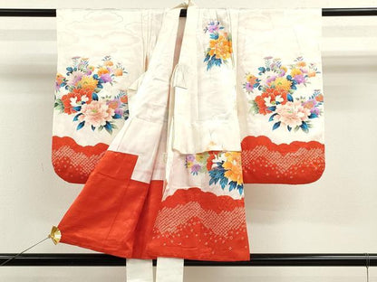 平和屋着物[]七五三　女の子　３歳　祝着　三つ身　長襦袢セット　駒刺繍　絞り　鴛鴦草花文　金銀彩　逸品　CAAZ7051ze