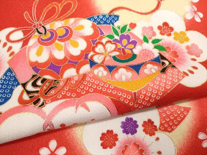平和屋着物[]七五三　女の子　７歳　祝着　四つ身　袋帯セット　地紙重ね吉祥花文　暈し染め　金銀彩　洗える着物　CAAZ7032ze