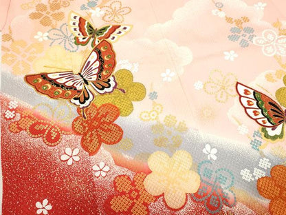 平和屋着物[]七五三　女の子　７歳　祝着　四つ身　駒刺繍　舞蝶枝梅文　たたき染め　金彩　逸品　CAAZ7033ze
