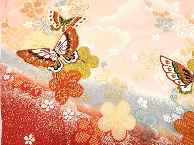 平和屋着物[]七五三　女の子　７歳　祝着　四つ身　駒刺繍　舞蝶枝梅文　たたき染め　金彩　逸品　CAAZ7033ze