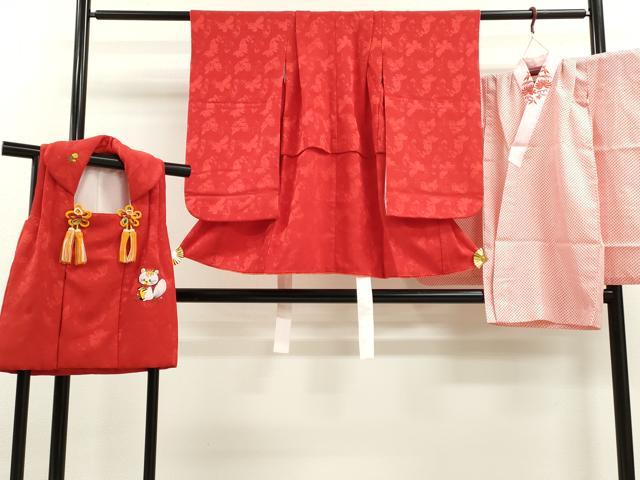 平和屋着物[]七五三　女の子　３歳　祝着　三つ身　長襦袢・被布セット　リス　赤色　洗える着物　CAAZ7037ze