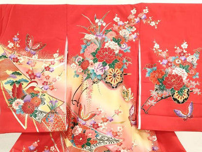 平和屋着物[]お宮参り　女の子　祝着　産着　初着　のしめ　花車鴛鴦短冊舞蝶文　暈し染め　金銀彩　逸品　CAAZ7047ze