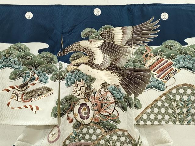 平和屋着物[]お宮参り 男の子 祝着 産着 初着 のしめ 駒刺繍 鷹 鼓吉祥松文 逸品 CAAZ7046ze