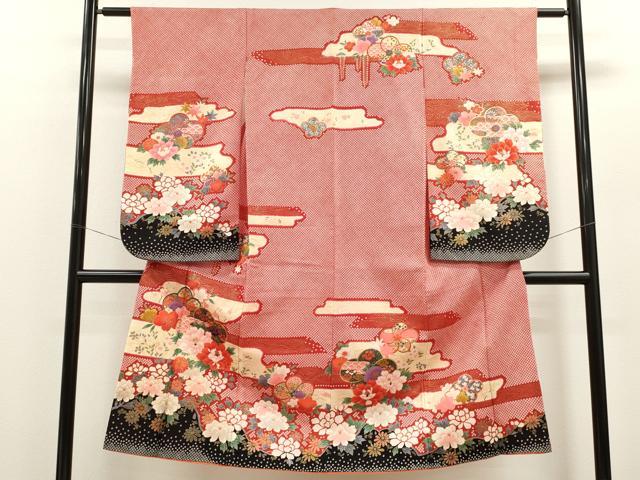 平和屋着物[]七五三　女の子　７歳　祝着　四つ身　草花文　金彩　洗える着物　CAAZ7034ze