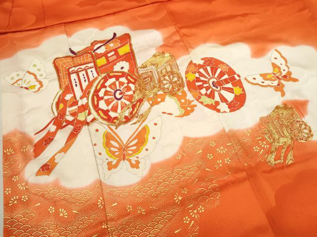 平和屋着物[]七五三　女の子　７歳　祝着　四つ身　駒刺繍　御所車舞蝶文　暈し染め　金銀彩　逸品　CAAZ7030ze