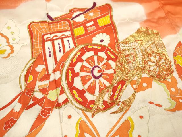 平和屋着物[]七五三　女の子　７歳　祝着　四つ身　駒刺繍　御所車舞蝶文　暈し染め　金銀彩　逸品　CAAZ7030ze