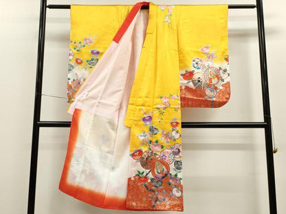 平和屋着物[]七五三　女の子　７歳　祝着　四つ身　袋帯セット　鼓飛鶴枝花文　暈し染め　金彩　洗える着物　CAAZ7029ze