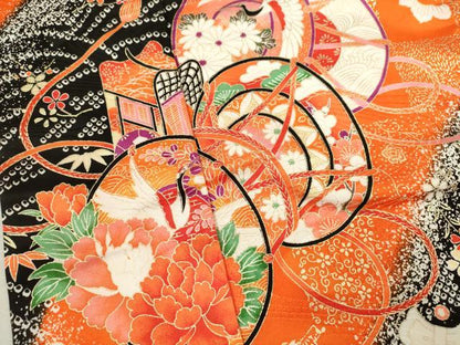 平和屋着物[]七五三　女の子　７歳　祝着　四つ身　鼓飛鶴宝尽くし花文　たたき染め　金彩　洗える着物　CAAZ7026ze
