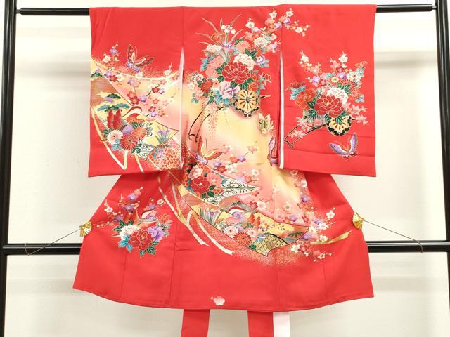 平和屋着物[]お宮参り　女の子　祝着　産着　初着　のしめ　花車鴛鴦短冊舞蝶文　暈し染め　金銀彩　逸品　CAAZ7047ze