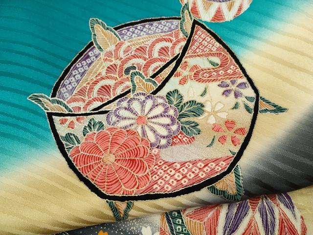 平和屋着物[]七五三 女の子 7歳 祝着 四つ身 袋帯セット 駒刺繍 糸車鞠