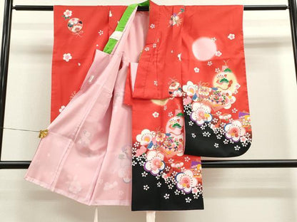 平和屋着物[]七五三　女の子　７歳　祝着　四つ身　袋帯セット　地紙重ね吉祥花文　暈し染め　金銀彩　洗える着物　CAAZ7032ze