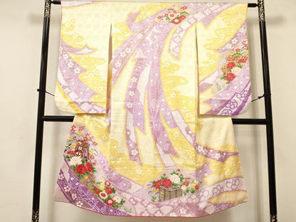 平和屋着物[]七五三　女の子　７歳　祝着　四つ身　刺繍　絞り　熨斗御所車花文　金彩　逸品　DAAY3253ma