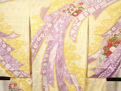 平和屋着物[]七五三　女の子　７歳　祝着　四つ身　刺繍　絞り　熨斗御所車花文　金彩　逸品　DAAY3253ma