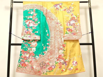 平和屋着物[]七五三　女の子　７歳　祝着　四つ身　鞠　檜扇花蝶文　暈し染め　金銀彩　逸品　DAAY3254ma