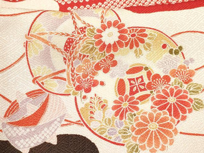 平和屋着物[]七五三　女の子　７歳　祝着　四つ身　エ霞糸車鼓花文　金彩　逸品　DAAY3246ma