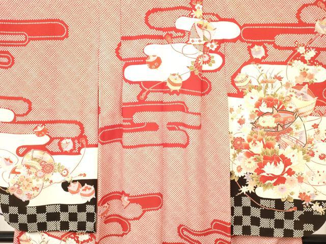 平和屋着物[]七五三　女の子　７歳　祝着　四つ身　エ霞糸車鼓花文　金彩　逸品　DAAY3246ma