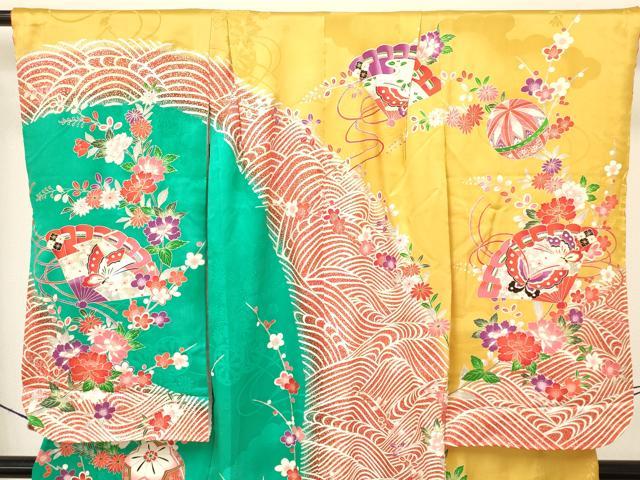 平和屋着物[]七五三　女の子　７歳　祝着　四つ身　鞠　檜扇花蝶文　暈し染め　金銀彩　逸品　DAAY3254ma