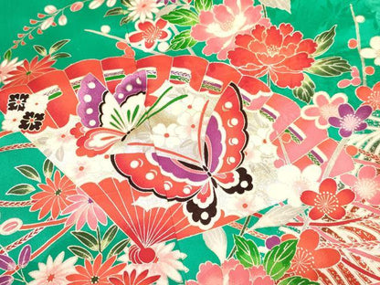 平和屋着物[]七五三　女の子　７歳　祝着　四つ身　鞠　檜扇花蝶文　暈し染め　金銀彩　逸品　DAAY3254ma