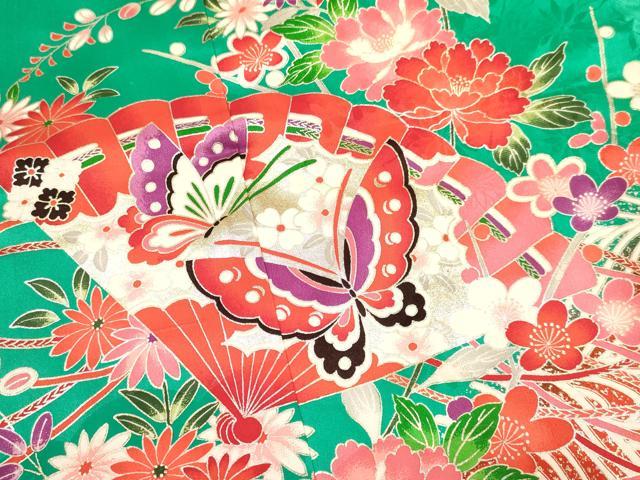 平和屋着物[]七五三　女の子　７歳　祝着　四つ身　鞠　檜扇花蝶文　暈し染め　金銀彩　逸品　DAAY3254ma