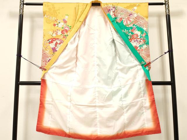 平和屋着物[]七五三　女の子　７歳　祝着　四つ身　鞠　檜扇花蝶文　暈し染め　金銀彩　逸品　DAAY3254ma