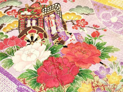 平和屋着物[]七五三　女の子　７歳　祝着　四つ身　刺繍　絞り　熨斗御所車花文　金彩　逸品　DAAY3253ma
