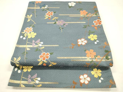 平和屋着物●六通柄袋帯　唐織　枝花文　金糸　正絹　逸品　DAAZ4181cm