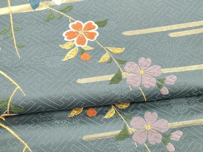平和屋着物●六通柄袋帯　唐織　枝花文　金糸　正絹　逸品　DAAZ4181cm