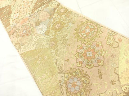 平和屋着物◎六通柄袋帯　地紙花文　金糸　正絹　逸品　AABC8852uk