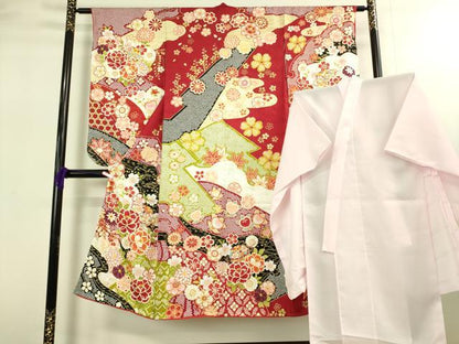 平和屋本店[]極上　七五三　女の子　7歳　祝着・襦袢セット　駒刺繍　花毬文　金彩　逸品　新品　DZAB2189kh6