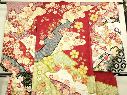 平和屋本店[]極上　七五三　女の子　7歳　祝着・襦袢セット　駒刺繍　花毬文　金彩　逸品　新品　DZAB2189kh6