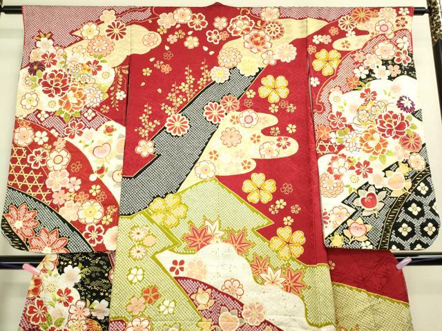平和屋本店[]極上　七五三　女の子　7歳　祝着・襦袢セット　駒刺繍　花毬文　金彩　逸品　新品　DZAB2189kh6