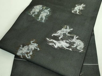 平和屋着物＊極上 夏物 九寸名古屋帯 鳥獣戯画 黒地 金糸 逸品 未使用 DZAB2042kh6