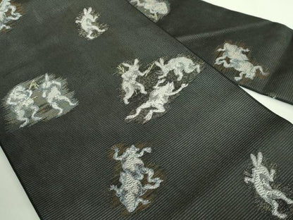 平和屋着物＊極上 夏物 九寸名古屋帯 鳥獣戯画 黒地 金糸 逸品 未使用 DZAB2042kh6