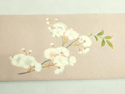 平和屋本店●極上　名門染元　秀美　十日町友禅　九寸名古屋帯　枝桜　白茶色地　鬼しぼ縮緬　反端付き　逸品　未使用　DZAB2017kh6