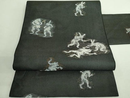 平和屋着物＊極上 夏物 九寸名古屋帯 鳥獣戯画 黒地 金糸 逸品 未使用 DZAB2042kh6