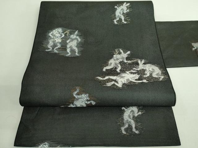 平和屋着物＊極上 夏物 九寸名古屋帯 鳥獣戯画 黒地 金糸 逸品 未使用 DZAB2042kh6