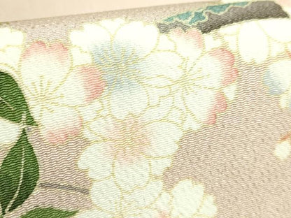 平和屋本店●極上　名門染元　秀美　十日町友禅　九寸名古屋帯　枝桜　白茶色地　鬼しぼ縮緬　反端付き　逸品　未使用　DZAB2017kh6