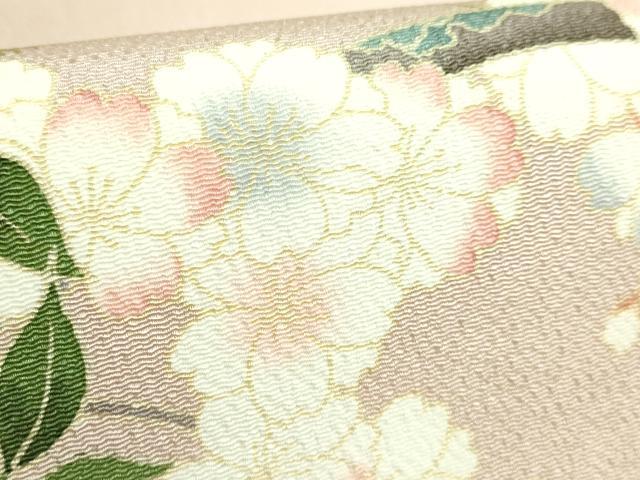 平和屋本店●極上　名門染元　秀美　十日町友禅　九寸名古屋帯　枝桜　白茶色地　鬼しぼ縮緬　反端付き　逸品　未使用　DZAB2017kh6