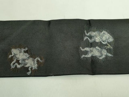 平和屋着物＊極上 夏物 九寸名古屋帯 鳥獣戯画 黒地 金糸 逸品 未使用 DZAB2042kh6