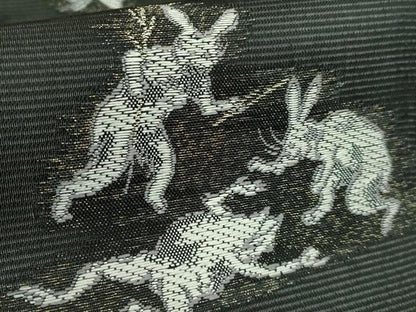 平和屋着物＊極上 夏物 九寸名古屋帯 鳥獣戯画 黒地 金糸 逸品 未使用 DZAB2042kh6