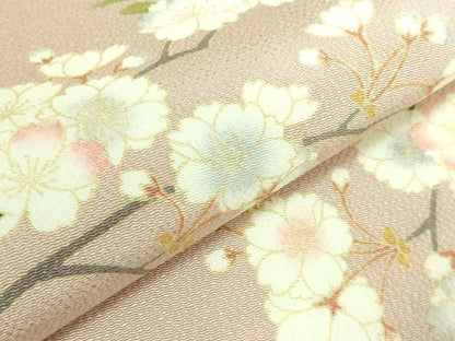 平和屋本店●極上　名門染元　秀美　十日町友禅　九寸名古屋帯　枝桜　白茶色地　鬼しぼ縮緬　反端付き　逸品　未使用　DZAB2017kh6