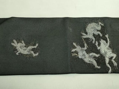 平和屋着物＊極上 夏物 九寸名古屋帯 鳥獣戯画 黒地 金糸 逸品 未使用 DZAB2042kh6