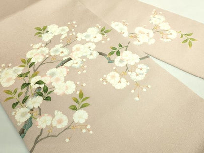 平和屋本店●極上　名門染元　秀美　十日町友禅　九寸名古屋帯　枝桜　白茶色地　鬼しぼ縮緬　反端付き　逸品　未使用　DZAB2017kh6