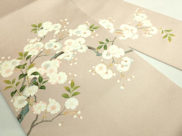 平和屋本店●極上　名門染元　秀美　十日町友禅　九寸名古屋帯　枝桜　白茶色地　鬼しぼ縮緬　反端付き　逸品　未使用　DZAB2017kh6