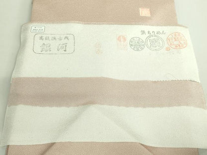 平和屋本店●極上　名門染元　秀美　十日町友禅　九寸名古屋帯　枝桜　白茶色地　鬼しぼ縮緬　反端付き　逸品　未使用　DZAB2017kh6