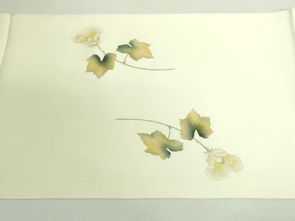 平和屋着物●極上　塩瀬　九寸開き名古屋帯　手描き　枝花に小鳥　象牙色地　逸品　DZAB2090kh6