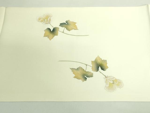 平和屋着物●極上　塩瀬　九寸開き名古屋帯　手描き　枝花に小鳥　象牙色地　逸品　DZAB2090kh6