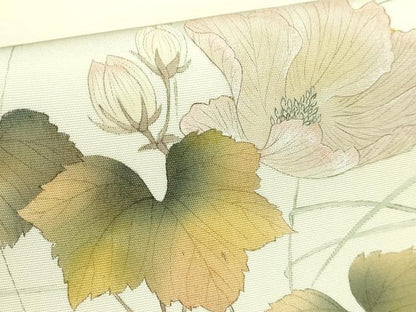 平和屋着物●極上　塩瀬　九寸開き名古屋帯　手描き　枝花に小鳥　象牙色地　逸品　DZAB2090kh6